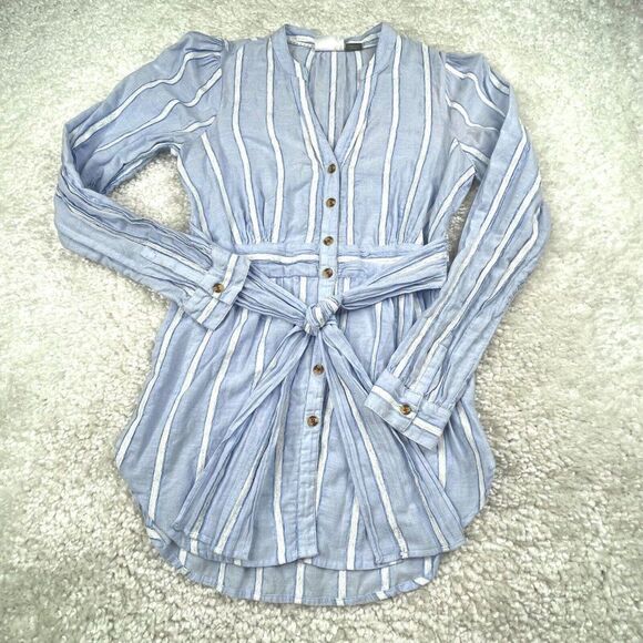 Anthropologie Building 18 South Seas Blue Stripe Belted Button Top - Picture 2 of 10